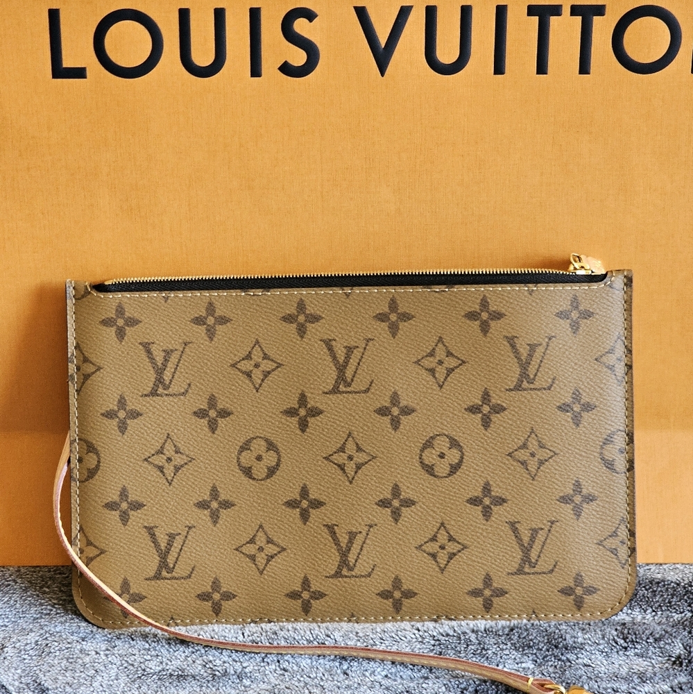 Louis Vuitton Reverse Monogram Pouch Pochette Wristlet Strap, Gold Hardware